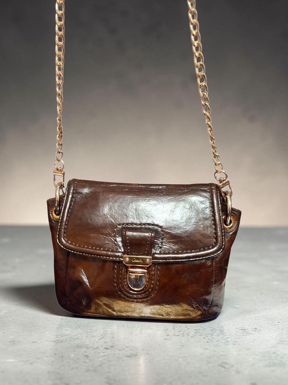 Coach Legacy Custom Chocolate Paint Job Leather Crossbody Bag with Gold Chain
